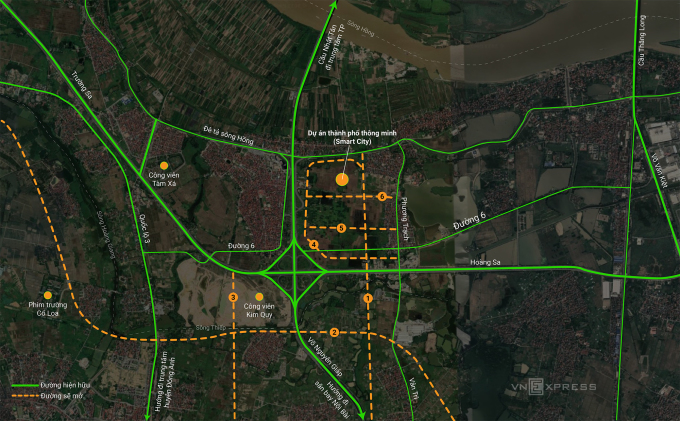 6 tuyến đường sẽ mở mới theo quy hoạch phân khu N7, N8 và GN đến năm 2030. Đồ họa: Anh Tú
